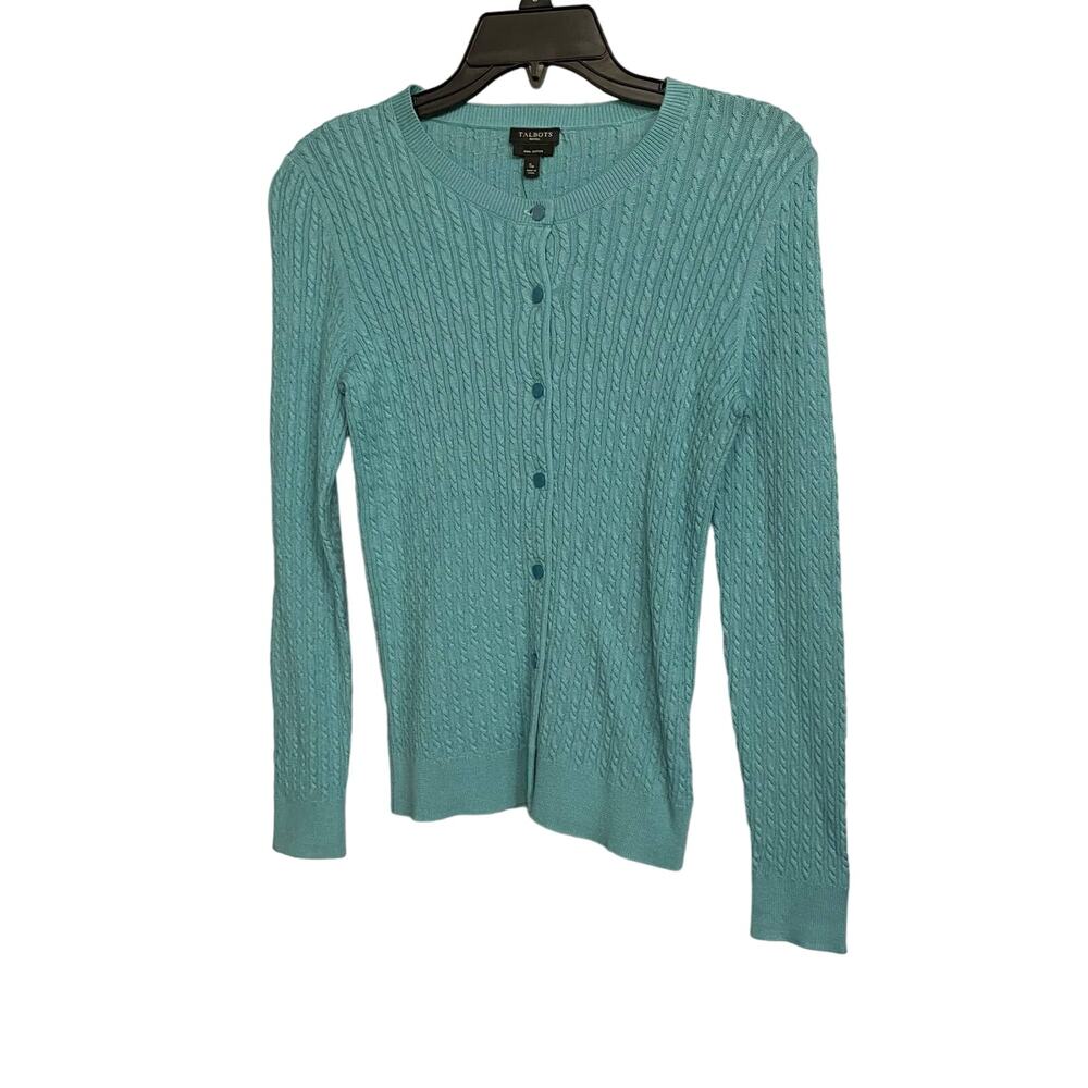 Talbots Sweater Cardigan‎ Pima Cotton Long Sleeve Blue Petite Sz SP Cable Knit